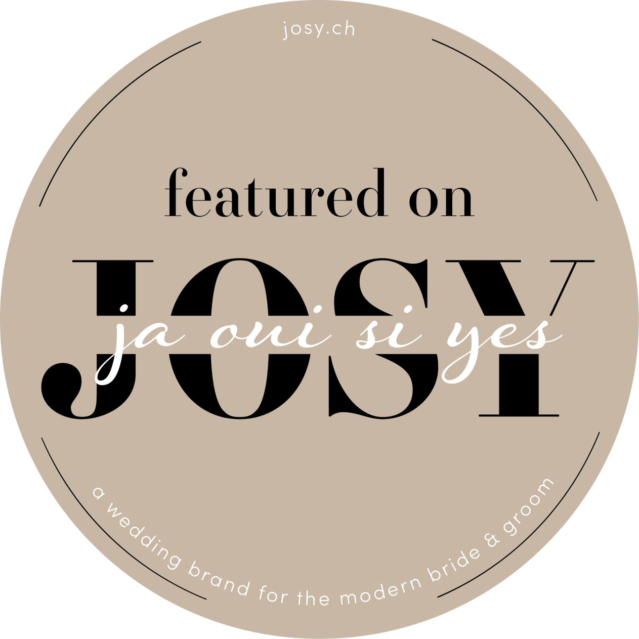 featured-on-josy Badge in beige mit schwarzem und weißem Schriftzug für Hochzeitsdienstleister